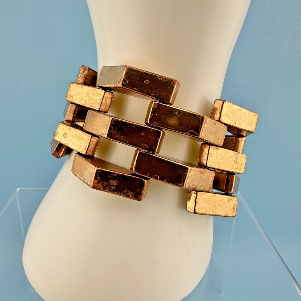 Vintage Copper Heavy Statement Bracelet Brick Tank Links Chunky Modernist 6.75"